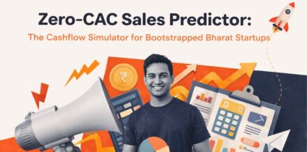 Zero-CAC Sales Predictor banner showing an Indian entrepreneur surrounded by organic business growth symbols like a megaphone, rupee coin, and financial charts.