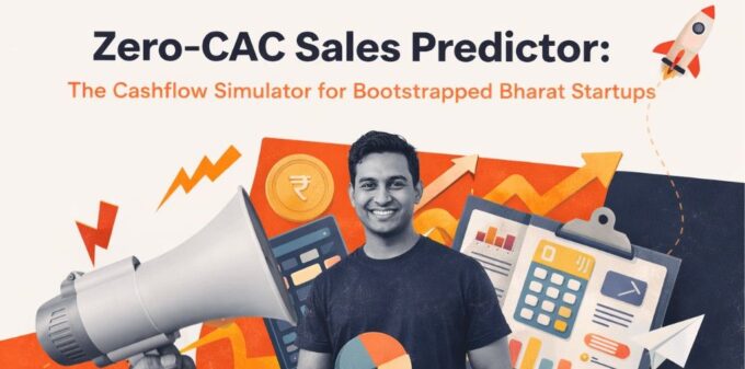 Zero-CAC Sales Predictor banner showing an Indian entrepreneur surrounded by organic business growth symbols like a megaphone, rupee coin, and financial charts.