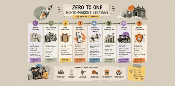 A diagram showing the flow of a zero-to-one Go-To-Market strategy for Indian startups.