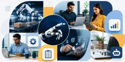 Top AI Automation Tools for SMEs in India (2026 Guide) Modern AI automation and business productivity collage representing AI tools for Indian SMEs, workflow automation, ecommerce operations, CRM systems, and digital business transformation