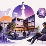 Modern collage illustration showing top startup incubators in India with startup founders collaborating inside a futuristic innovation campus with rockets, digital workspaces, mentorship scenes, and India-focused startup ecosystem visuals.