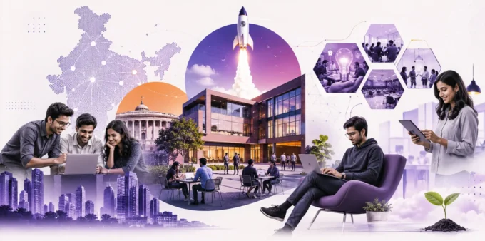 Top Startup Incubators in India for Founders & Startups (2026 Guide) Modern collage illustration showing top startup incubators in India with startup founders collaborating inside a futuristic innovation campus with rockets, digital workspaces, mentorship scenes, and India-focused startup ecosystem visuals.