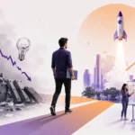 Women-Led Bharat Economy Report 2026: Female Founder Readiness, PMEGP Gender Gaps & CSR Investment Opportunities Conceptual startup journey illustration showing a founder moving from business failure and declining growth toward innovation, collaboration, sustainable scaling, and startup success.