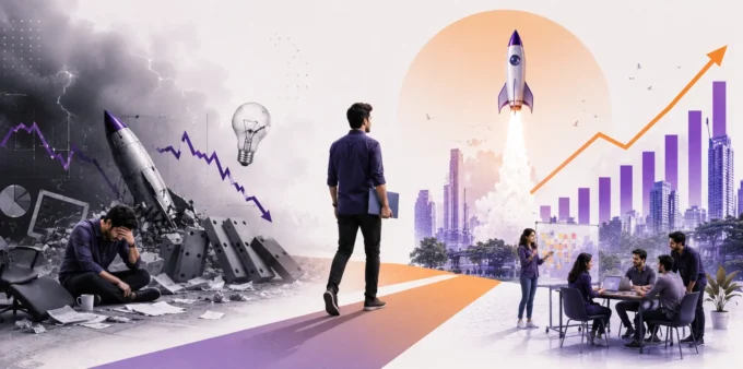 Conceptual startup journey illustration showing a founder moving from business failure and declining growth toward innovation, collaboration, sustainable scaling, and startup success.