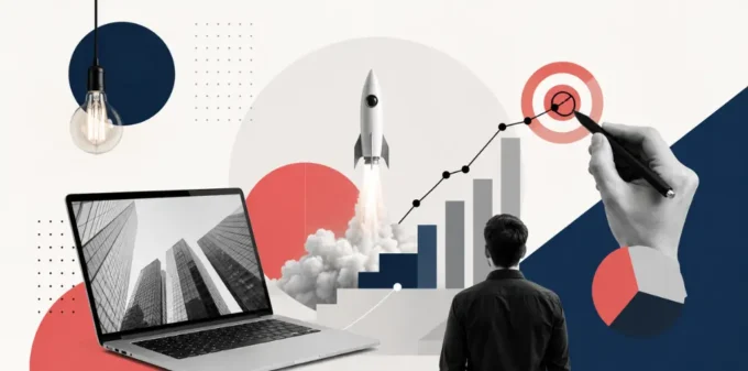 A modern editorial-style startup fundraising collage representing the strategy, storytelling, traction, and investor confidence needed to create a winning pitch deck in 2026.