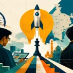 How to Build a Pitch Deck for a Bootstrapped Startup: The 2026 Founder’s Guide An artistic collage of Indian entrepreneurs analyzing metrics and launching a rocket over a map of India, demonstrating how to align narratives with startup pitch deck services for Bharat-first ventures.
