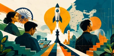 An artistic collage of Indian entrepreneurs analyzing metrics and launching a rocket over a map of India, demonstrating how to align narratives with startup pitch deck services for Bharat-first ventures.