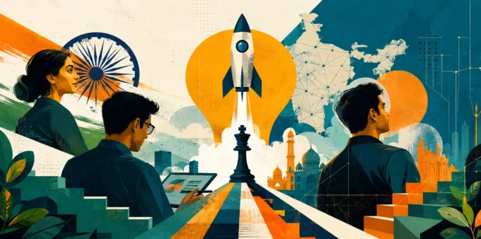 The New Rules of Fundraising for Bharat-First Entrepreneurs in 2026: Why You Need Startup Pitch Deck Services An artistic collage of Indian entrepreneurs analyzing metrics and launching a rocket over a map of India, demonstrating how to align narratives with startup pitch deck services for Bharat-first ventures.