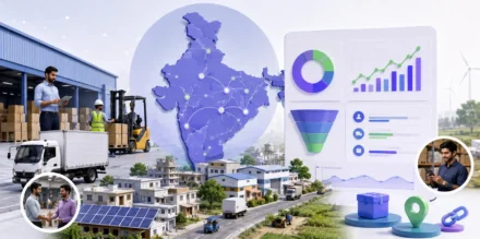 Modern 3D collage illustrating a B2B supply chain pitch deck in India with warehouses, logistics networks, freight transportation, distribution hubs, inventory management dashboards, and Tier-3 city market connectivity.