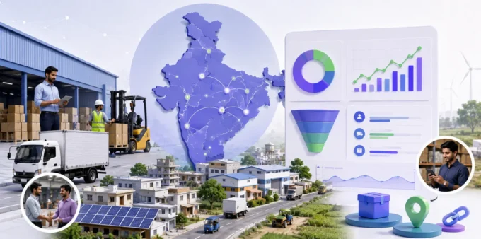The Ultimate B2B Supply Chain Pitch Deck Playbook for Tier-3 India (2026) Modern 3D collage illustrating a B2B supply chain pitch deck in India with warehouses, logistics networks, freight transportation, distribution hubs, inventory management dashboards, and Tier-3 city market connectivity.