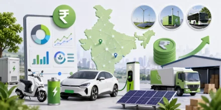 Modern 3D collage illustrating a CleanTech EV startup pitch deck in India with electric vehicles, battery technology, charging infrastructure, renewable energy systems, sustainability analytics, and green mobility business metrics.