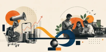 Editorial collage illustrating consumer behaviour in India, showing the shift from discount-driven marketing to trust, community, and relationship-based business growth.