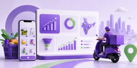 3D illustration of a D2C quick commerce business dashboard in India featuring a mobile shopping app, delivery rider, growth analytics, market expansion map, and rapid fulfillment ecosystem designed for startup pitch deck presentations.