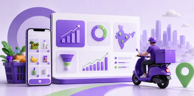 How to Build a D2C Quick Commerce Pitch Deck in India: The 2026 Zepto & Blinkit Guide 3D illustration of a D2C quick commerce business dashboard in India featuring a mobile shopping app, delivery rider, growth analytics, market expansion map, and rapid fulfillment ecosystem designed for startup pitch deck presentations.