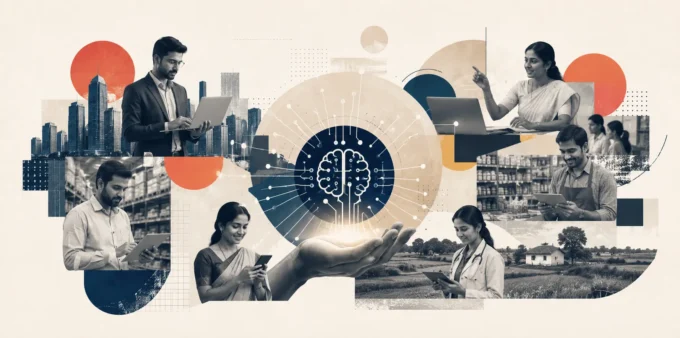 Editorial collage illustrating the IndiaAI Mission and its potential to empower startups, MSMEs, and Bharat entrepreneurs through accessible artificial intelligence infrastructure.