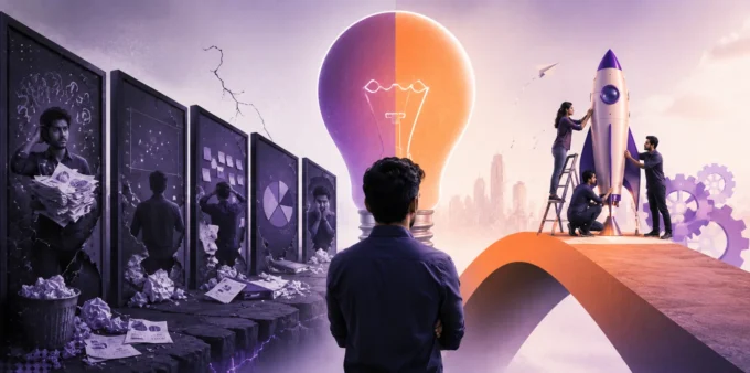 5 Early Stage Startup Pitch Mistakes (And How to Fix Them) Digital illustration showing a founder overcoming early stage startup pitch mistakes, transitioning from chaotic presentation drafts to successfully building a rocket with a cohesive team.
