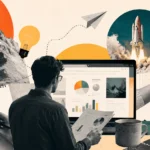 How Investors Evaluate Startup Market Size: A Founder-Friendly Guide to TAM, SAM and SOM A strategic mixed-media collage showcasing a founder crafting a Pitch Deck for a Bootstrapped Startup using financial data charts, a launch rocket, and a rising mountain trail.