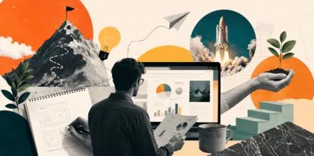 A strategic mixed-media collage showcasing a founder crafting a Pitch Deck for a Bootstrapped Startup using financial data charts, a launch rocket, and a rising mountain trail.