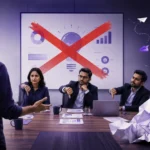 A startup founder presenting to a panel of three investors giving a thumbs down, illustrating the common reasons a pitch deck is rejected by Indian investors.
