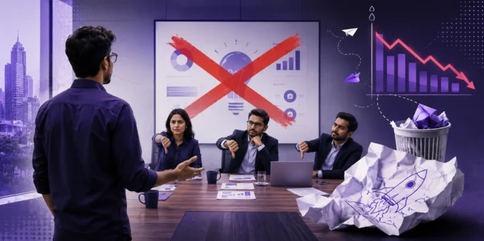 A startup founder presenting to a panel of three investors giving a thumbs down, illustrating the common reasons a pitch deck is rejected by Indian investors.
