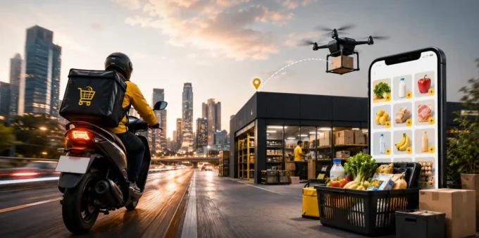 Illustration showing the ecosystem of quick commerce companies in India with dark stores, hyperlocal delivery riders, grocery ordering apps, and fast last-mile delivery infrastructure.