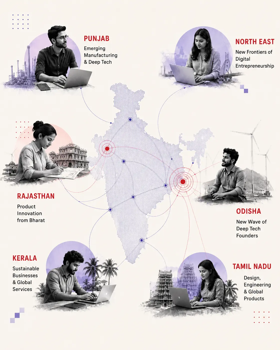Digital editorial map of Bharat highlighting interconnected startup ecosystems and regional founders
