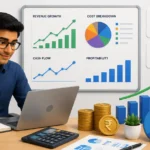 How Investors Evaluate Startup Market Size: A Founder-Friendly Guide to TAM, SAM and SOM Startup Financial Projections showing an Indian founder analyzing revenue forecasts, cash flow, expenses, profitability, and business growth for investor fundraising.