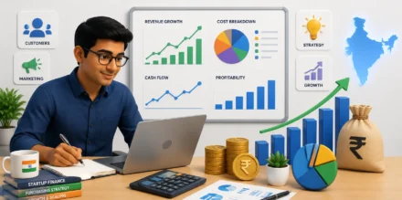 Startup Financial Projections showing an Indian founder analyzing revenue forecasts, cash flow, expenses, profitability, and business growth for investor fundraising.