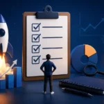 Startup investor readiness checklist concept showing a founder evaluating fundraising readiness, business growth metrics, product validation, and investment preparation before raising capital