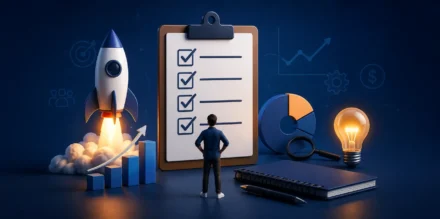 Startup investor readiness checklist concept showing a founder evaluating fundraising readiness, business growth metrics, product validation, and investment preparation before raising capital