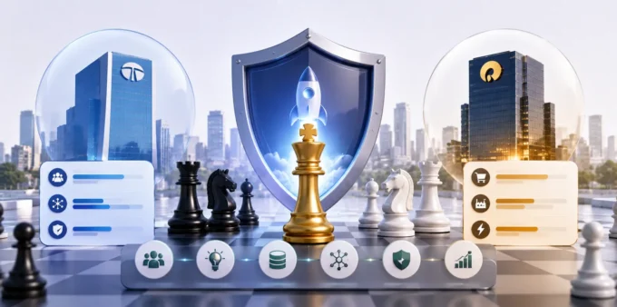 How to Answer the “Tata or Reliance” Question: Mastering the Defensibility Slide in Your Startup Pitch Deck Modern 3D illustration of a startup pitch deck defensibility slide in India featuring strategic barriers, competitive moats, market positioning, innovation assets, and protection against large corporate competitors.