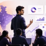 Indian startup founder presenting data charts and a connected India map to his team, illustrating effective startup pitch deck design in India for the Bharat market.