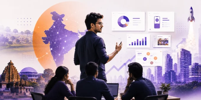 Indian startup founder presenting data charts and a connected India map to his team, illustrating effective startup pitch deck design in India for the Bharat market.