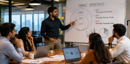 Startup TAM SAM SOM framework showing how investors evaluate startup market size and market opportunity