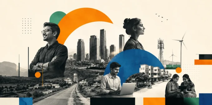 Modern collage illustrating the Tier 2 startup ecosystem India with entrepreneurs, technology, AI, digital infrastructure, and emerging Bharat startup hubs.
