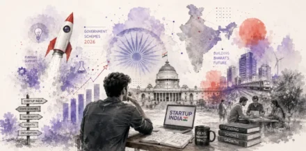 Illustration of India's startup ecosystem showing government startup schemes, grants, Startup India, funding support, incubators and innovation opportunities for founders in 2026.