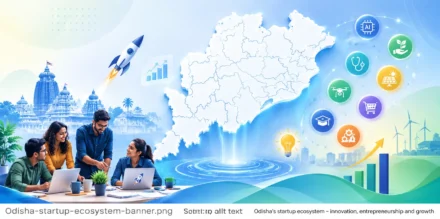 Odisha startup ecosystem map with entrepreneurs, technology icons and innovation infrastructure