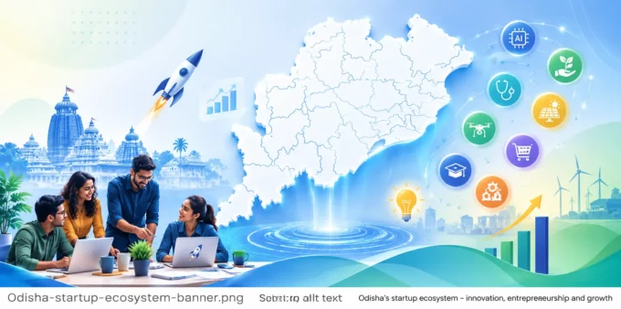 State of Odisha’s Startup Ecosystem 2026: From Support to Scale Odisha startup ecosystem map with entrepreneurs, technology icons and innovation infrastructure