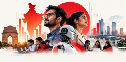 India AI Readiness Report 2026 visual showing Indian workers, businesses and AI technology shaping the future of work