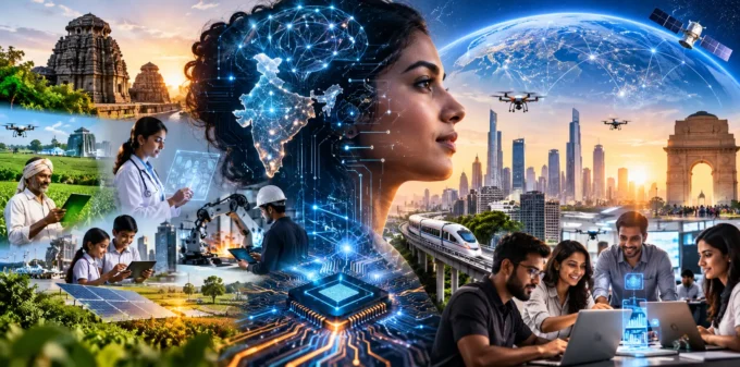 India AI startup landscape 2026 collage showing artificial intelligence, Indian technology, cities, agriculture, healthcare, robotics and digital infrastructure