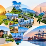 India district economy collage showing agriculture, industry, infrastructure, logistics, technology and regional economic development