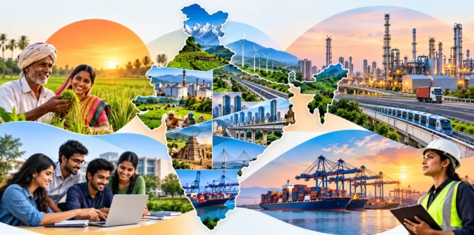 India’s District Economy: Growth, Jobs, Investment and the New Geography of Opportunity India district economy collage showing agriculture, industry, infrastructure, logistics, technology and regional economic development