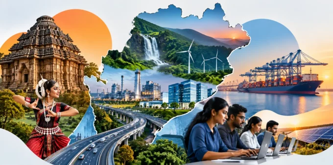 Odisha Economy 2026: Growth, Investment, Industries and the Road to a $1.5 Trillion Economy Odisha economy 2026 economic development collage featuring industry, infrastructure, technology, ports, renewable energy and cultural heritage