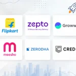 Top 50 Startups in India 2026 featuring logos of leading Indian startups including PhonePe, Flipkart, Zepto, Groww, Razorpay, Swiggy, Meesho, Zerodha, CRED and Lenskart